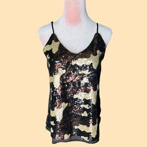 REVOLVE Three Eighty-Two Sequin Tank Top in Brown/Black/Tan Camo Print, XS. NWT!